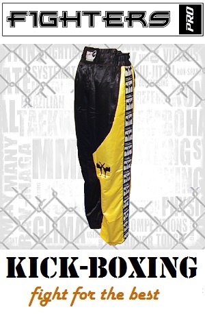 FIGHTERS - Pantalones de Kickboxing / Satín / Negro-Amarillo / XXXS