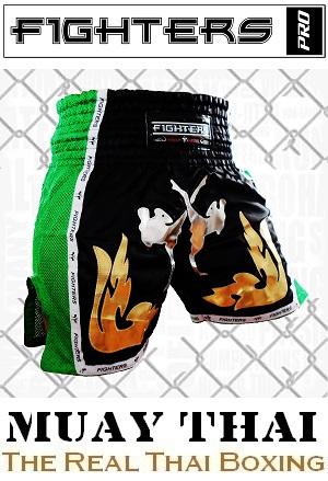 FIGHTERS - Pantalones Muay Thai / Elite Fighters / Negro-Verde / XL