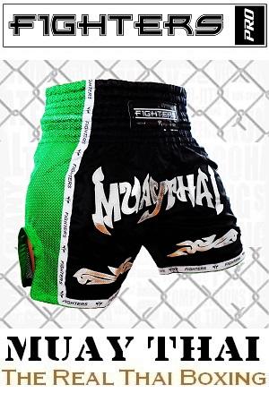 FIGHTERS - Pantalones Muay Thai / Elite Muay Thai / Negro-Verde / XL